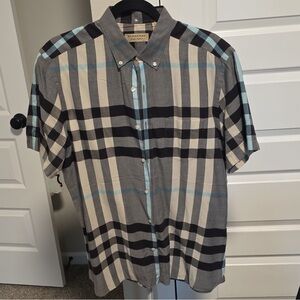 Burberry Men's Plaid Shirt - pale sky blue, Black, Beiges and Gray